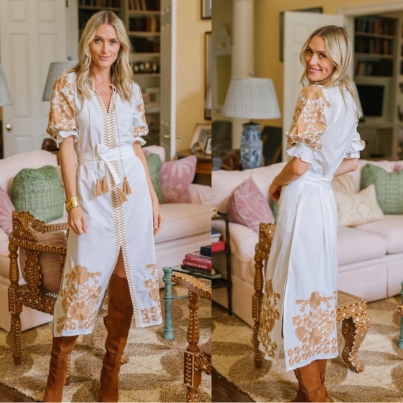 Julia Amory Short Sleeve Coatue Caftan Camel Embroidered Midi Dress - XS - Picture 1 of 9